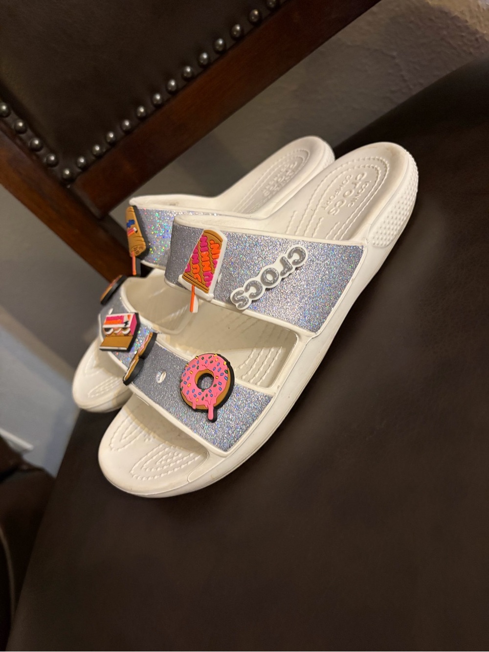 CROCS White Glitter Slide Sandals with Colorful Charms